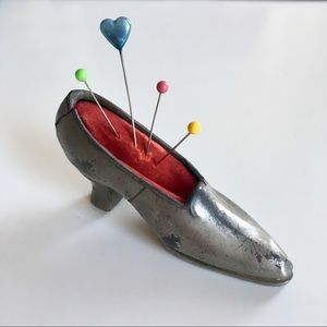 Vintage Victorian Lady Shoe Pin Cushion Pewter